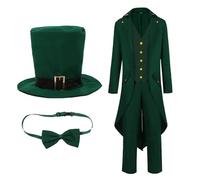 Steampunk Men's Tailcoat Set Green Gothic Jacket Long Including Hat Bow Tie Trousers Medieval Coat with Buttons Tuxedo Victorian Performance Clothing Theatre Cosplay Halloween Pirate Costume