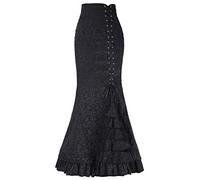 Steampunk Midi Skirt Victorian Renaissance Medieval Costume High-Low Ruffle Lace Up Asymmetrical Halloween Party Outfit (53# Black, L)