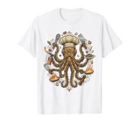 Steampunk Octopus Chef Cook Mechanical Cuisine Value Graphic T-Shirt, Men, White, L