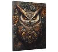 Steampunk Owl Canvas Wall Art, Brown Gold Mechanical Feathered Poster Prints, Singular Home Aesthetic Decor For Living Room, Bedroom, Study, Unframed 16x20 Inch