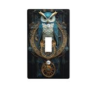 Steampunk Owl Light Switch Cover Plate, Blue and Gold Vintage Design for Home Decor, Thermoplastic Wall Plate, Standard Size Single Toggle