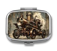 Steampunk Style Pill Box - 2 Compartment Travel Pill Organizer with Small Mirror, Portable Pillcase for Pocket & Purse, Cute Square Medicine Case, Weekly Medicine Container