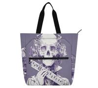 Steampunk Style Skeleton Musician Kid Tote Bag for Kids Boys Girls, Gothic Water-resistant Library Book Tote Shopping Bag with Zipper Handles for School Shopping Travel Rainbow school