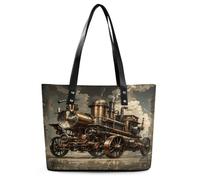 Steampunk Style Tote Bag Large Soft Leather Purse with Zipper Lightweight Ladies Shoulder Handbag