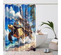 Steampunk Turtle Shower Curtain, Blue Ocean Fantasy Art for Bathroom Decor, Nautical Spring Summer Modern Style Waterproof Fabric Shower Curtain Set with Hooks 72x72 Inch