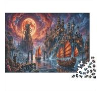 Steampunk Twin Cities Premium 1000 Pieces Thick Cardboard Puzzle Blood Moon Harbor for Older Children 12+ Anxiety Relief Indoor Activity 70x50cm/1000pcs