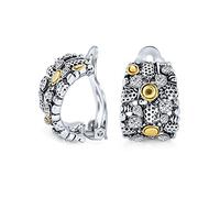 Steampunk Two Tone Crystal Wide Half Hoop Clip On Earrings Non Pierced Ears Oxidized Sliver Gold Tone Plated Brass