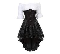 Steampunk Under the Chest Body-Hugging Dress Three-Piece Suit for Women - Rivet Brocade Corset Bustier, A Word Toning Shoulder Shirt Dress High-Low Steampunk Skirt, Waist Cincher Outf (Black, XXL)