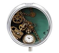 Steampunk Watches Keys and Chains Round Pill Box 3 Compartment Pill Case Portable Travel Pill Organizer Medicine Tablet Vitamin Holder Organizer for Purse Pocket