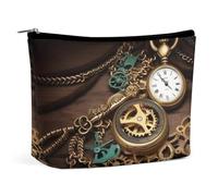 Steampunk Watches Keys Makeup Bag, Portable PU Leather Cosmetic Bag with Zipper Pouch, Waterproof Travel Toiletry Bag for Women Men