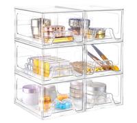 Stebopum 6 Pack Stackable Makeup Organizer, 4.4'' Tall Acrylic Bathroom Makeup Organizer and Storage Drawer with Pull-out Handle, Clear Plastic Storage Bins for Vanity,Pantry,Desk,Undersink,Kitchen