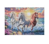 Steeds Galloping Through Sunset Waves 300 Pieces Set Classic Jigsaw Puzzle Teen Fans 14-18 Yrs Logic Skill Leisure Adventure Valentines Thick Cardboard Creativity & Gift Giving 300 PCS