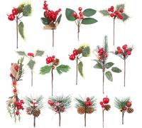 STEEIRO 15 Pcs Artificial Christmas Picks Pine Picks Assorted Red Berry Pick s Stems Faux Pine Pick s Spray with Pinecones for Flower Arrangements Wreaths Holiday Xmas Tree Decoration (15)