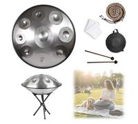 Steel 22 Inches Handpan D Minor Kurd 432/440Hz 9/10/12 Notes Handpan Drum Instrument Set with Soft Hands Pan Bag 2 Mallet Stand Dust-free Cloth for Meditation Yoga(Silver,432HZ/9Note)
