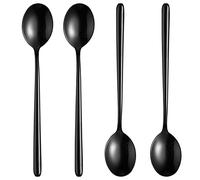 Steel Black Soup Spoon, Long Handled Great Circle Spoons,Korean Long Handle Soup Spoon,4 Pieces,8.7x1.6 Inches