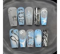 Steel Blue Gradient Chrome Art Press-On Nails With Rhinestones & Silver Patterns - 30PCS Short Coffin False Nail Set For Women, Elegant Manicure For Daily Wear Or Special Occasions