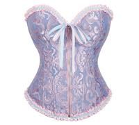 Steel Boned Corset, Overbust Corset Tops for Women Floral Bustier Lingerie Bodyshaper Vintage Ruffle Trim Lace Up Shapewear Sexy Gothic Victorian Vampire Pirate Princess Costume Blue
