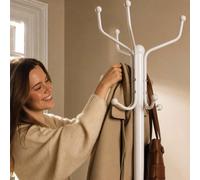 Harbour Housewares Coat Rack White - Free-Standing Steel Coat Stand with Umbrella Holder and 12 Hooks for Jackets, Hats, Bags - Compact Entryway Hallway Storage, 182cm