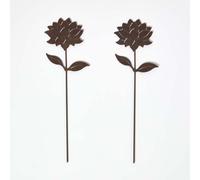 Homescapes Steel Dahlia Garden Stake Decorations, Set of 2 in Brown Homescapes Brown