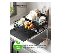 Steel Dish Drying Rack with Expandable Design and Silicone Mat for Kitchen, Ink Black