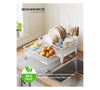 Steel Dish Drying Rack with Expandable Design and Silicone Mat for Kitchen, Matte White + Dove Grey