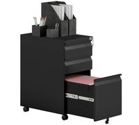 Vinsetto 3-Drawer Steel Filing Cabinet with Lock and Wheels - Black, Black