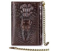 Steel Lion Genuine Cowhide Leather Men's Wallet - Crocodile-Embossed Design with Large ID Window, 15 Card Slots & Built-in Zippered Coin Pocket, Includes Anti-Theft Chain, coffee, Fashion and Leisure