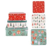 Steel Mill & Co Tin Containers with Lids, 3 Pack Christmas Cookie Tins, Festive Cookie Tins for Gift Giving & Holiday Treats, Square Metal Nesting Containers, Ornaments and Trees