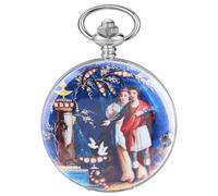 Steel Shell Blue Porcelain Two Person Pattern Design Mechanical Pocket Watch, Men's Mechanical Movement Roman Numeral Dial Single Opening Pocket Watch, PWM12, fashion