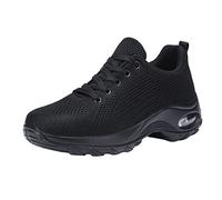 Steel Toe Cap Trainers Women Mens Air Cushion Safety Trainers Arch Support Running Trainers Breathable Mesh Walking Shoes Lace-Up Non Slip Training Shoes Lightweight Comfortable Sneakers Black