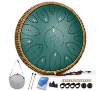 Steel Tongue Drum, 13 Inches 15 Notes Tongue Drum, Steel Drums for Adults, Steel Pan Drum Song Book, Hand Pan Drum Mallets, Handpan C Major (Green）