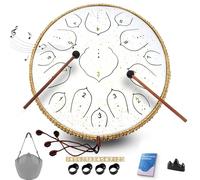Steel Tongue Drum - 14 Inch Tongue Drum Instrument - 15 Notes Hand Pan Drums with Music Book, Handpan Drums Instrument Mallets and Carry Bag, D Major White