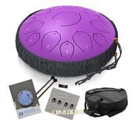 Steel Tongue Drum 14 inch with 2 Braids and Carry Case, harmonic lotus 15 Note C-Tuned - Includes 2 Soft Mallets & Instruction Booklet - Ideal for Meditation, Sound Healing, and Relaxation - Purple