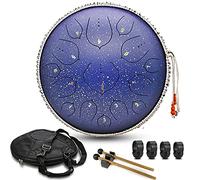 Steel Tongue Drum, 15 Notes 14 inch Blue D-Key - Handpan Percussion Instrument - Tank Chakra Drums with Padded Travel Bag, 2 Mallets, for Meditation, Decompression, Music and Gift