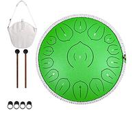 Steel Tongue Drum 15 Notes 14Inches Percussion Instrument,With Rope Decoration And Mallets,Bag, Music Book。Formusicaleducation Concert Mind Healing,Green