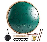 Steel Tongue Drum - HOPWELL 15 Note 14 Inch Tongue Drum - Hand Pan Drums with Music Book, Steel Handpan Drum Mallets and Carry Bag, D Major (Green)