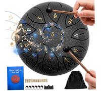 Steel Tongue Drum, Portable Rain Drum with Mallets, Carry Bag, Music Book Meditative Tongue 11 Notes 6 In Dia. for Yoga, Prenatal Music Education (Black)