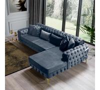 (Steel Velvet, Right Hand Chaise) Luxury Chesterfield Chaise Sofa Longue Plush Velvet L Shape Corner Settee Couch