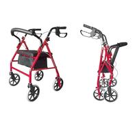 Steel Walker with Wheels Black, Folding Four Wheel Rollator, Lightweight Folding Mobility Aids, with Seat & Carry Bag, Mobility Walker Rollator 4 Wheel, for Elderly Disabled (Red)
