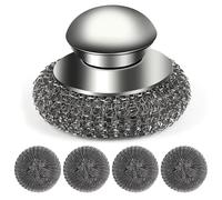 Steel Wool Scrubber with Handle, 1 Brush + 4 Replacement Stainless Steel Scourer Pads, Heavy Duty Brillo Pads for Cleaning Pots, Pans, Cast Iron, Stoves, Grills, and Sinks