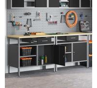 Steel Workbench Set with Shelf and Drawers, 200 x 55 x 85 cm, Black Grey, Heavy Load up to 400 kg, Workshop Work Table with Tool Storage and Perforated Wall for Garage, Cellar
