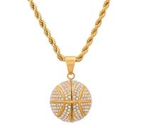 STEELTIME NYC Basketball Necklace - 18K Plated Basketball Chain with Hoop for Men, Women, Teens - Gold, Silver & Black Color Options - Stainless Steel Sports Pendant with Simulated Diamond CZ Stones