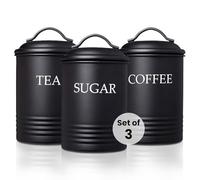 Steelware Central Kitchen Canister Set of 3 Sugar Coffee Tea with lids Food Storage, Black