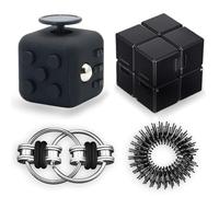 Steemjoey 4 PCS Fidget Toy Sensory Toy Set, Cube Toy, Infinity Cube, Key Flippy Chain & Acupressure Rings for ADHD ADD Autism, Anxiety Relief Gifts for Adults and Teens (Black)
