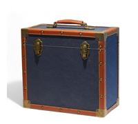 Steepletone 12" Vinyl Record Storage Box Case, with Carry Handle, Luxury Fabric and Leather Finish, Holds up to 45 LP's (Navy Blue Cloth & Brown Leather)