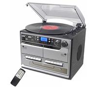 Steepletone BT-SMC386c Compact PRO, Bluetooth Retro Nostalgic 8 in 1 Music System, Remote, 3 Speed Record Player, CD, FM/MW Radio, RECORDING: USB Stick/SD Card. TWIN Cassette Player/RECORDER - Silver
