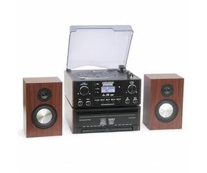 Steepletone HOUSTON XP Black 6 in 1 Music Centre, Bluetooth Vinyl Record Player, Turntable with CD, Cassette, DAB+ / FM Radio, USB MP3 playback & Encoding, NEW 25Watt High Power Wireless Speakers