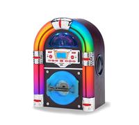 Steepletone Jive Rock Sixty XP DARK Wood, Table Top Mini CD Jukebox & Bluetooth Playback, Multi COLOUR CHANGING Light Tubes. FM Radio, Mains Electric, Earphone, Remote Control. Music Streaming