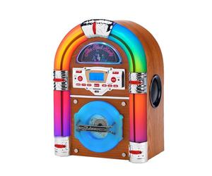Steepletone Jive Rock Sixty XP LIGHT Wood, Table Top Mini CD Jukebox & Bluetooth Playback, Multi COLOUR CHANGING Light Tubes. FM Radio, Mains Electric, Earphone, Remote Control. Music Streaming