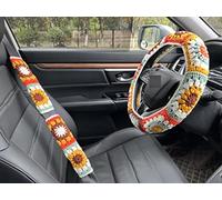 Steering Wheel Cover,Handmade Crochet Rainbow Sunflower Granny Square Steering Wheel Covers (Steering Wheel Cover+2 Belt Cover)
